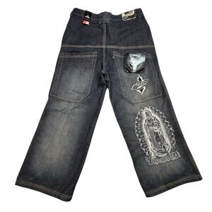 Vtg SKATO Super Baggy Denim Jeans Wide Leg Embroidered Virgin Mary Patch Y2K New